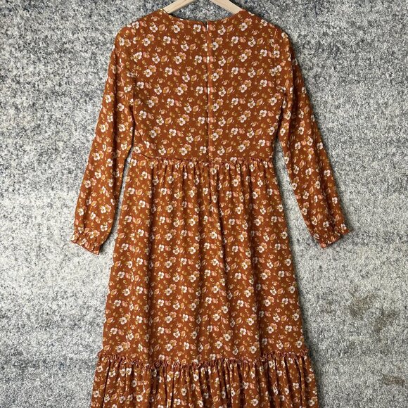 J Crew Dress Womens XXS‎ Brown Floral Long Sleeve V Neck Midi Ruffle Hem Boho - Picture 6 of 6